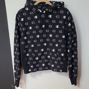 Champion Black Logo Hoodie Sweatshirt Size Medium
